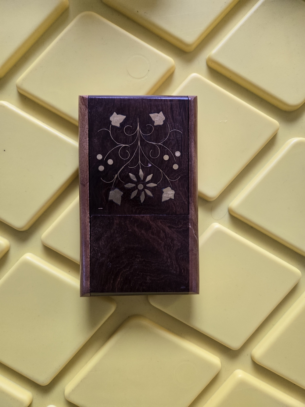 Inlaid Wooden Trinket Box - Dark Brown Floral Design